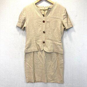 Vintage JSJ Linen Blend Secretary Dress 12P Petite Office Retro Beige Minimalist